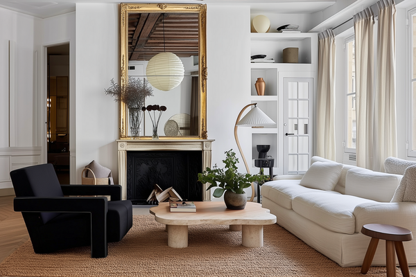 Refined minimalist living room with a travertine coffee table, boucle sofa, antique gold mirror, and sculptural accents, showcasing the Atelier Residence aesthetic.