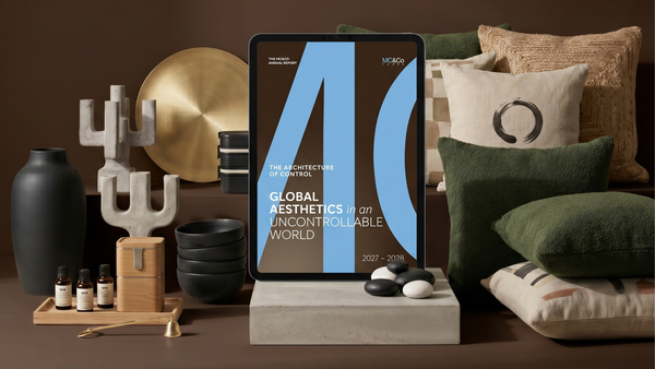 The Architecture of Control 2027–2028 by MC&Co Trend shown on a tablet within a styled interior design and homewares setting.