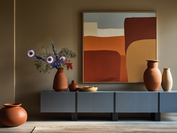 Living room interior featuring abstract artwork in terracotta, sand, and clay tones, ceramic vessels, low-profile cabinetry, and warm lighting expressing architectural calm and material-led design.