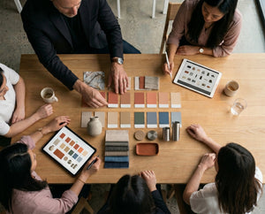 Group of people around a table with color swatches and tablets