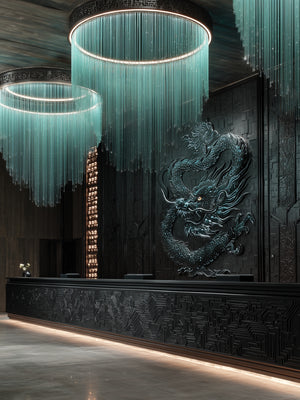 Luxurious interior with chandelier and dragon sculpture - MC&Co Trend presents Neo Folklore