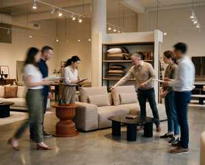 People in a furniture store examining a sofa and coffee table.