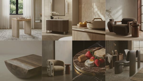 Collage of various interior design elements including furniture and decor items.
