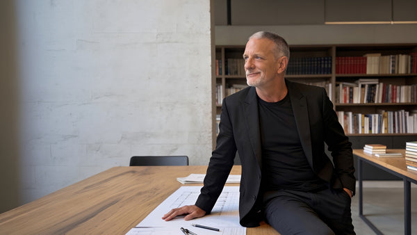 Michael sitting at a desk in a modern office setting with bookshelves in the background