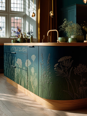 Kitchen island with floral embossed design in a well-lit room - MC&Co Trend presents Neo Folklore