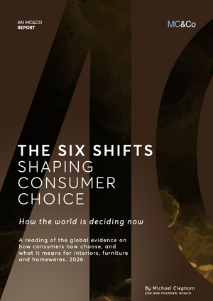Book cover for 'The Six Shifts Shaping Consumer Choice' by Michael Cleghorn, published by MC&Co. The cover features a dark brown and black background with a large stylized '6' and white text.