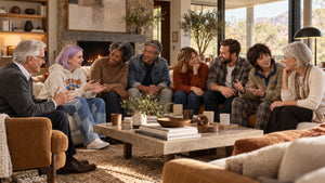 A group of seven people are gathered in a cozy, modern living room, sitting on sofas and a coffee table and having a warm, engaging conversation.