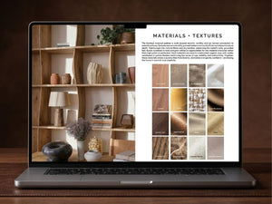Laptop displaying a materials and textures page with a wooden shelf in the background
