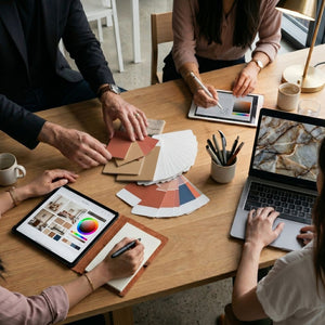 Group of people working together on a design project with color swatches and laptops.