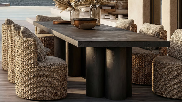 Dining table with woven chairs in an outdoor setting